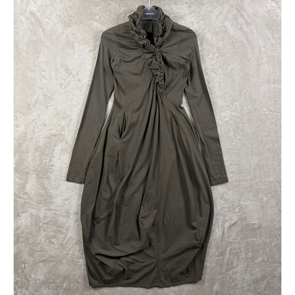 Rundholz Avant Garde Ruffle Neck Balloon Long Sleeve Midi Dress Olive Green XS